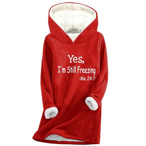 MMOOVV YES I'm Still Freezing Me -Winter-Plüsch-Buchstaben-Druck-Thermo-Top mit Kapuze Damen Strickpullover (Red, L) von MMOOVV