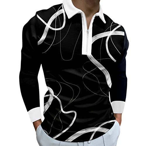 Männlich Casual Herbst 3D Druck T-Shirt Umlegekragen Langarm Tops T Shirt Langarm Pack Shirts für Männer, Schwarz , XL von MMOOVV