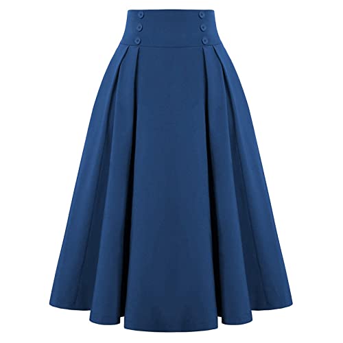 Retro Rock, Palastkleid, Faltenrock, einfarbiger Rock, Anzugrock Eleganter Damen Büro Einfarbig A-Rock Vintage Vintage Taillen-Faltenrock Minirock (Blue, L) von MMOOVV