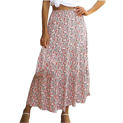 Rock Damen Chiffon-Rock Lang Boho Blumen Hohe Elastische Taille und Gürtel Maxi Skirt Faltenrock Strandrock Freizeitrock (Pink, M) von MMOOVV