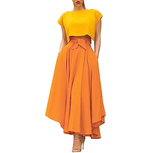 Sommer Casual Röcke Damen Rock Swing Rock 50s Retro Vintage Rockabilly Knielang Festliche Röck mit Gürtel Faltenrock (Orange, M) von MMOOVV