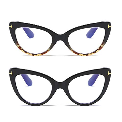 MMOWW 2er-Pack Lesebrille für Damen mit Katzenauge - Bequeme und modische Anti-Blaubrille große Cat Eye (Schwarz+Schildkröte, 2,25) von MMOWW