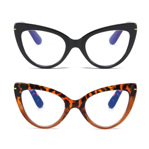 MMOWW 2er-Pack Lesebrille für Damen mit Katzenauge – Blaue Schutzbrille, bequem und modisch, große Katzenauge (Schwarz+Schildkrötenbraun, 2.0) von MMOWW