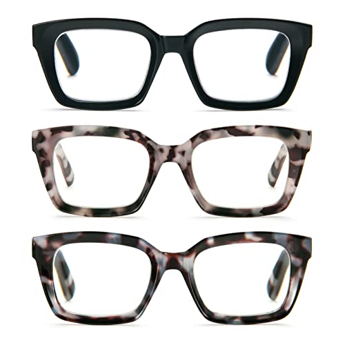 MMOWW 3er-Pack übergroße Lesebrillen für Frauen – Anti-Blaulicht-Brille mit quadratischem Rahmen (Schwarz + Blau Grau Schildpatt+Braun Grau Schildpatt, 1.0) von MMOWW