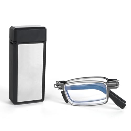 MMOWW Faltbare Lesebrille Herren Damen aus Edelstahl Mini Anti-Blau Sehnhilfe Ultraleicht mit Hartes Brillenetui für einfaches Tragen (Grau, +1.0) von MMOWW
