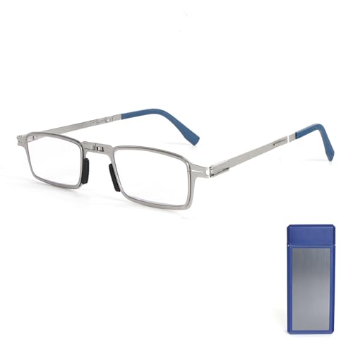 MMOWW Faltbare Lesebrille Herren Damen aus Edelstahl Mini Anti-Blau Sehnhilfe Ultraleicht mit Hartes Brillenetui für einfaches Tragen (Silber, +2.5) von MMOWW