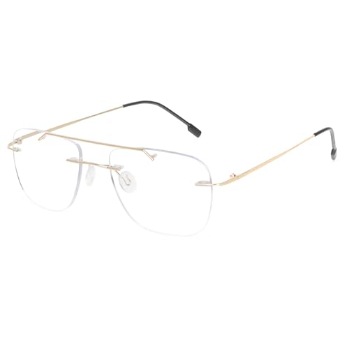 MMOWW Rimless Lesebrillen Herren und Damen Blaulichtfilter Metallgestell Quadratische Computer Metall Leser (Gold, +2.5) von MMOWW