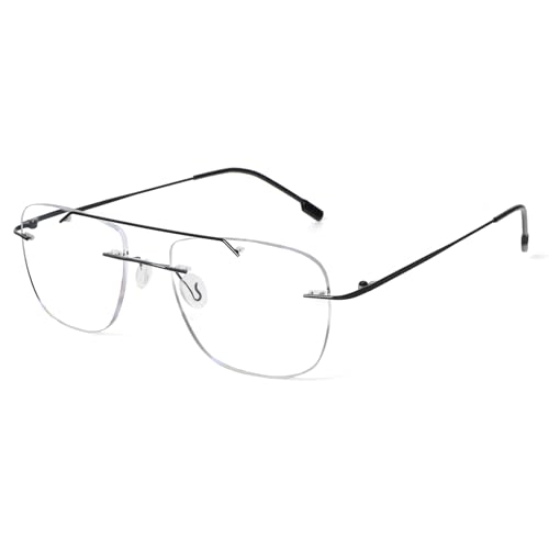 MMOWW Rimless Lesebrillen Herren und Damen Blaulichtfilter Metallgestell Quadratische Computer Metall Leser (Schwarz, +2.0) von MMOWW