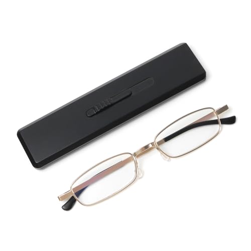 MMOWW Ultra dünne Lesebrille Metall Leichtgewicht für Männer Frauen, Blaues Licht Blockieren Kompakte Computerbrille Tragbare Einzigartige Dehnbare Schlanke Flache Fall Schwarz (Gold, +1.0) von MMOWW