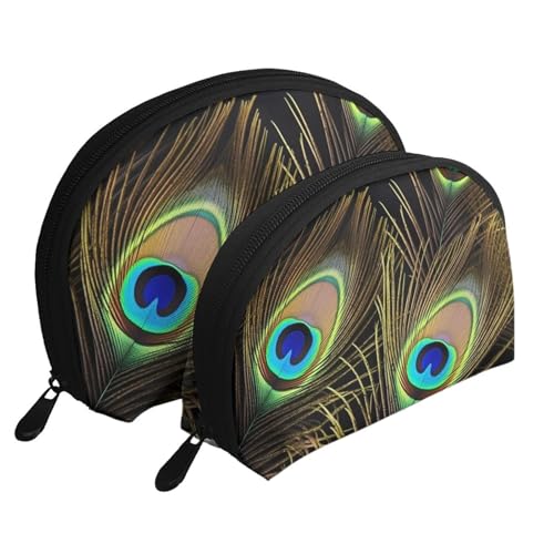 Blue Fishes Ocean Tragbare Muschel-Make-up-Taschen-Set (2 Stück), Reise-Kulturbeutel mit Reißverschluss für Kosmetika, Pfauenfedern, Einheitsgröße von MMSJSBVY