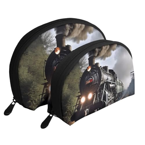 Dampflok tragbare Muschel-Make-up-Taschen-Set (2 Stück), Reise-Kulturbeutel mit Reißverschluss für Kosmetik, Dampfzug, Einheitsgröße von MMSJSBVY