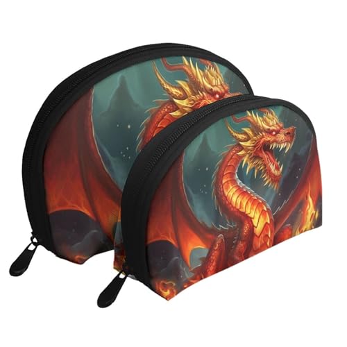 Dampflok tragbare Muschel-Make-up-Taschen-Set (2 Stück), Reise-Kulturbeutel mit Reißverschluss für Kosmetik, Drachenkönig im Feuer, Einheitsgröße von MMSJSBVY