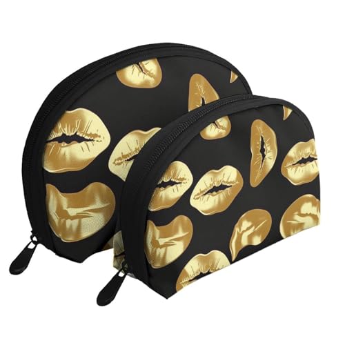 Gold Lips Tragbare Muschel-Make-up-Taschen-Set (2 Stück), Reise-Kulturbeutel mit Reißverschluss für Kosmetika, Goldlippen, Einheitsgröße von MMSJSBVY