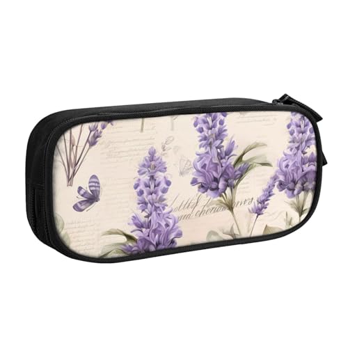 Lavendel Stempel Federmäppchen, Reißverschluss Glattes Federmäppchen, Tragbares Federmäppchen Große Schule Schreibwaren Aufbewahrungstasche Make-up Tasche, Schwarz , Einheitsgröße, Kosmetikkoffer von MMSJSBVY