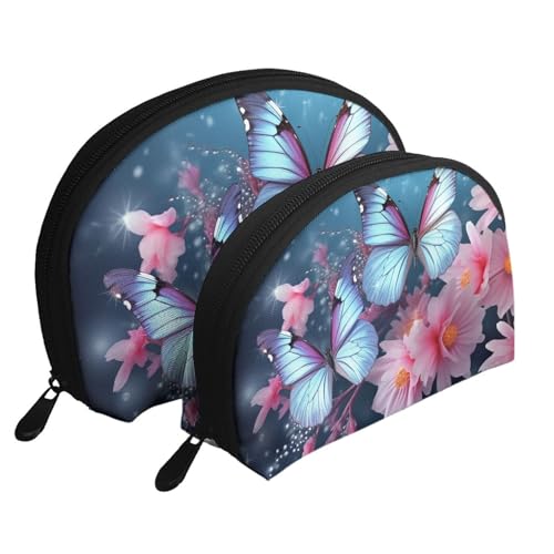Lucky Elephant Tragbare Muschel-Make-up-Taschen-Set (2 Stück), Reise-Kulturbeutel mit Reißverschluss für Kosmetika, Schmetterlingsblüten, Einheitsgröße von MMSJSBVY