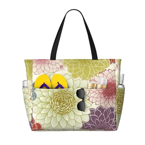 MMSJSBVY Delfin und Sonnenuntergang Strandtasche für Damen, Tragetasche mit Reißverschluss und Tasche, Reisen, Einkaufen, Pool, Dahlien-Blume, Einheitsgröße von MMSJSBVY