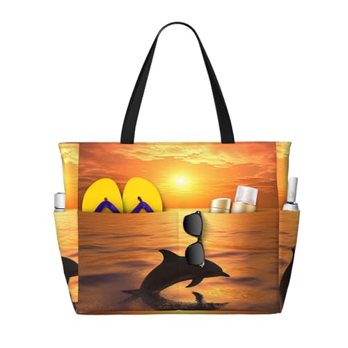 MMSJSBVY Delfin und Sonnenuntergang Strandtasche für Damen, Tragetasche mit Reißverschluss und Tasche, Reisen, Einkaufen, Pool, Delfin und Sonnenuntergang, Einheitsgröße von MMSJSBVY