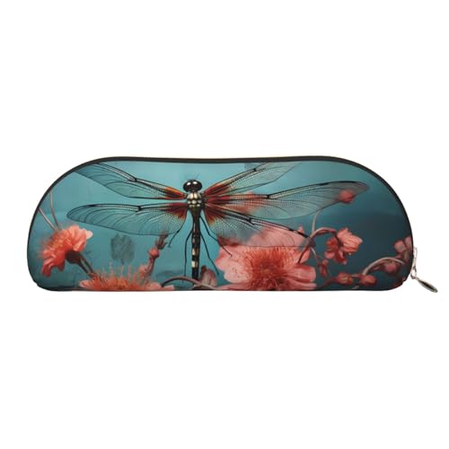 MMSJSBVY Federmäppchen aus Leder mit Blumenmuster – halbrunder Organizer mit Reißverschluss für Stifte, Kosmetik und Reisen, Libelle auf der Blume, Einheitsgröße, Schulranzen von MMSJSBVY