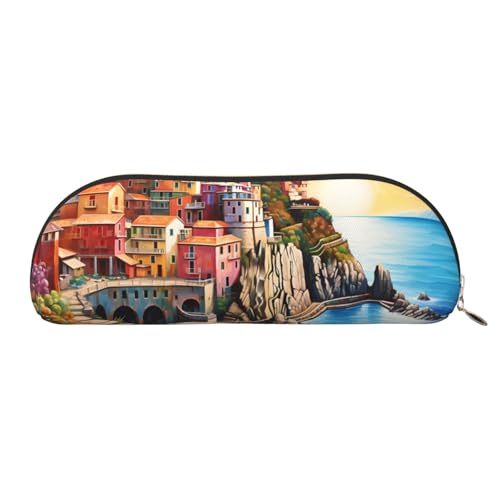 MMSJSBVY Federmäppchen aus Leder mit Hirschbär-Muster, halbrund, Organizer mit Reißverschluss, für Stifte, Kosmetik und Reisen, Cinque Terre Scenery, Einheitsgröße, Schulranzen von MMSJSBVY