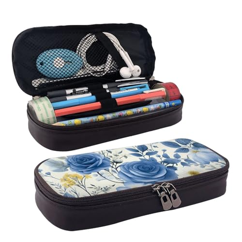MMSJSBVY Federmäppchen mit Kaktus und Hund, großes Fassungsvermögen, langlebiges Federmäppchen, Schreibwaren-Organizer, Schul- und Bürobedarf, Blaue Blumen Blumenmuster Rosen, Einheitsgröße, von MMSJSBVY