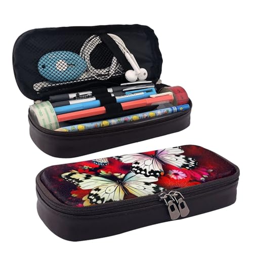 MMSJSBVY Federmäppchen mit niedlichem Kuh-Design, großes Fassungsvermögen, langlebiges Federmäppchen, Schreibwaren-Organizer, Schul- und Bürobedarf, Bunte Blumen und Schmetterlinge, Einheitsgröße, von MMSJSBVY