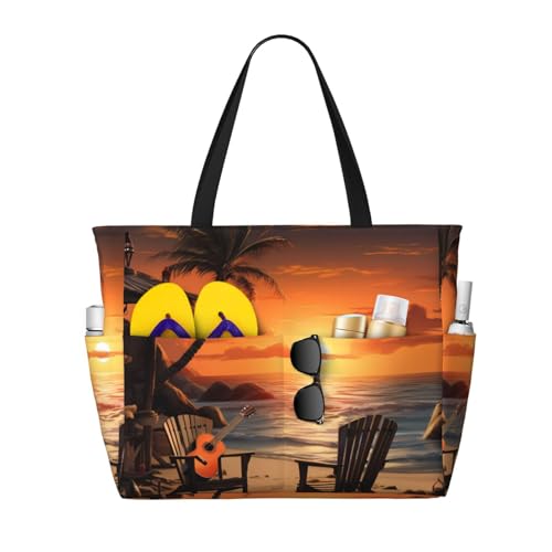 MMSJSBVY Kilauea Volcano Strandtasche für Damen, Tragetasche mit Reißverschluss und Tasche, Reisen, Einkaufen, Pool, Gitarre am Strand, Einheitsgröße von MMSJSBVY