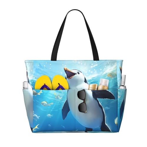 MMSJSBVY Kilauea Volcano Strandtasche für Damen, Tragetasche mit Reißverschluss und Tasche, Reisen, Einkaufen, Pool, Happy Pinguin, Einheitsgröße von MMSJSBVY