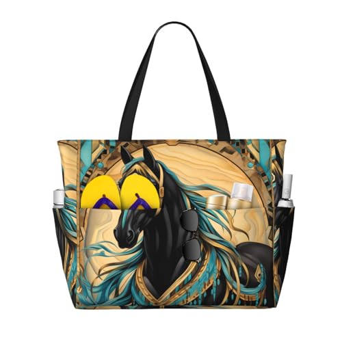 MMSJSBVY Kilauea Volcano Strandtasche für Damen, Tragetasche mit Reißverschluss und Tasche, Reisen, Einkaufen, Pool, pferd, Einheitsgröße von MMSJSBVY