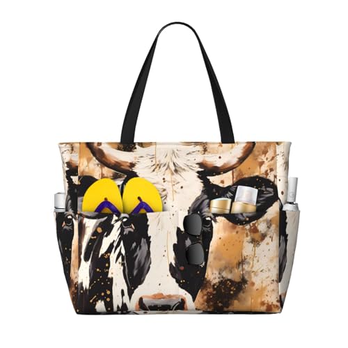 MMSJSBVY Libelle auf der Blume Strandtasche für Damen, Tragetasche mit Reißverschluss und Tasche, Reisen, Einkaufen, Pool, Kuhfell-Aufdruck, Einheitsgröße von MMSJSBVY