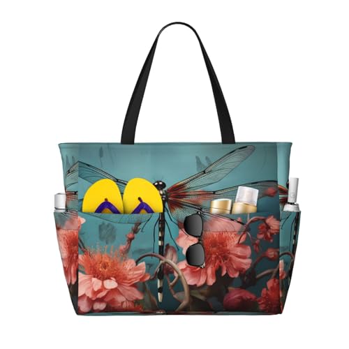 MMSJSBVY Libelle auf der Blume Strandtasche für Damen, Tragetasche mit Reißverschluss und Tasche, Reisen, Einkaufen, Pool, Libelle auf der Blume, Einheitsgröße von MMSJSBVY