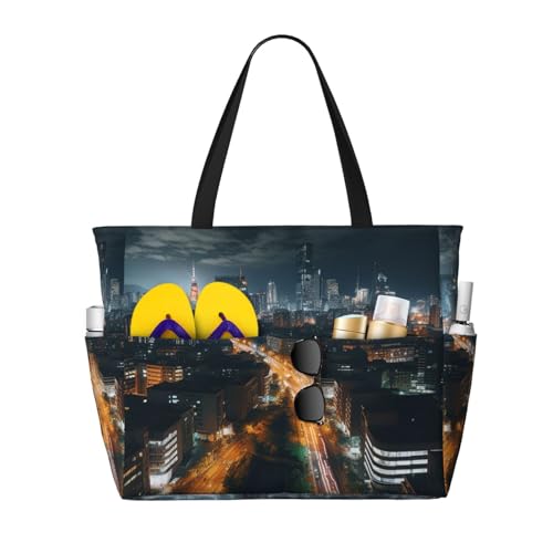 MMSJSBVY Merry Christmas Happy Beach Bag für Damen, Tragetasche mit Reißverschluss und Tasche, Reisen, Einkaufen, Pool, City Night View, Einheitsgröße von MMSJSBVY