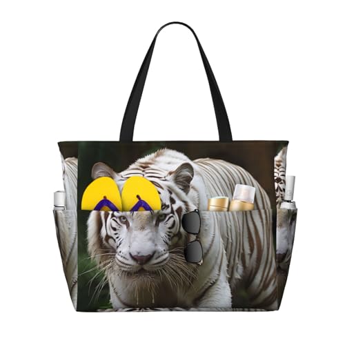 MMSJSBVY Merry Christmas Happy Beach Bag für Damen, Tragetasche mit Reißverschluss und Tasche, Reisen, Einkaufen, Pool, Majestätischer weißer Bengalischer Tiger, Einheitsgröße von MMSJSBVY