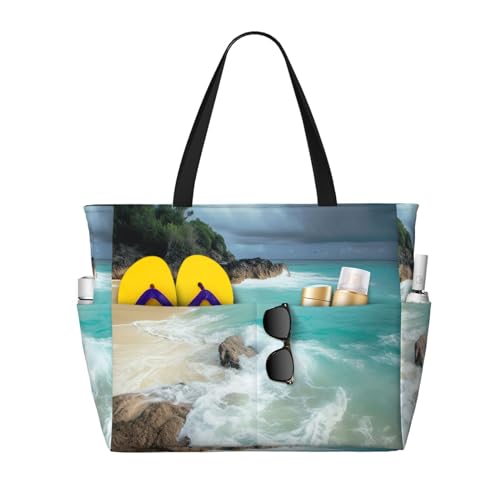 MMSJSBVY Merry Christmas Happy Beach Bag für Damen, Tragetasche mit Reißverschluss und Tasche, Reisen, Einkaufen, Pool, Serene Coastal, Einheitsgröße von MMSJSBVY