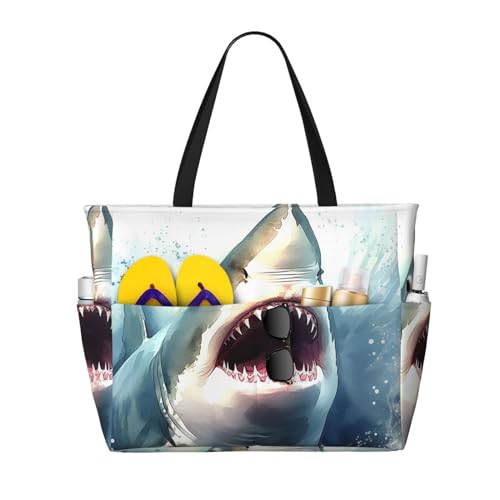 MMSJSBVY Merry Christmas Happy Beach Bag für Damen, Tragetasche mit Reißverschluss und Tasche, Reisen, Einkaufen, Pool, Shark in the Sea, Einheitsgröße von MMSJSBVY