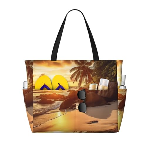 MMSJSBVY Merry Christmas Happy Beach Bag für Damen, Tragetasche mit Reißverschluss und Tasche, Reisen, Einkaufen, Pool, Tropischer Strand bei Sonnenuntergang, Einheitsgröße von MMSJSBVY