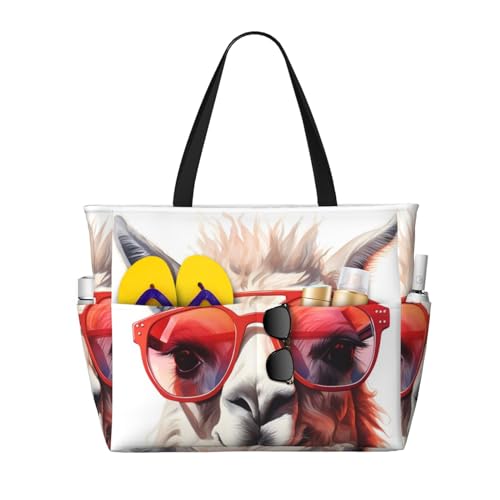 MMSJSBVY Mid-Century Moderne Kunst-Katzen-Strandtasche für Frauen, Tragetasche mit Reißverschluss und Tasche, Reisen, Einkaufen, Pool, Lama mit Brille, Einheitsgröße von MMSJSBVY