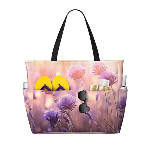 MMSJSBVY Mid-Century Moderne Kunst-Katzen-Strandtasche für Frauen, Tragetasche mit Reißverschluss und Tasche, Reisen, Einkaufen, Pool, Lavendelblüte, Einheitsgröße von MMSJSBVY