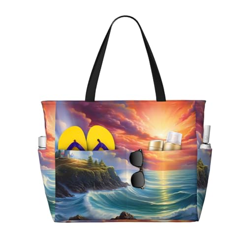 MMSJSBVY Mid-Century Moderne Kunst-Katzen-Strandtasche für Frauen, Tragetasche mit Reißverschluss und Tasche, Reisen, Einkaufen, Pool, Leuchtturm bei Sonnenuntergang, Einheitsgröße von MMSJSBVY