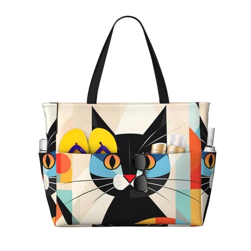 MMSJSBVY Mid-Century Moderne Kunst-Katzen-Strandtasche für Frauen, Tragetasche mit Reißverschluss und Tasche, Reisen, Einkaufen, Pool, Mid-Century Modern Art Katze, Einheitsgröße von MMSJSBVY