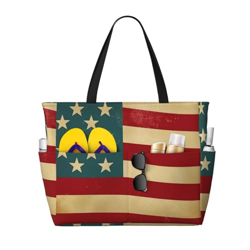 MMSJSBVY Positano Strandtasche für Damen, Strandtasche mit Reißverschluss und Tasche, für Reisen, Shopping, Pool, Amerikanische Vintage-Flagge, 4. Juli, USA, Einheitsgröße von MMSJSBVY