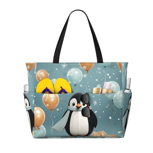 MMSJSBVY Positano Strandtasche für Damen, Strandtasche mit Reißverschluss und Tasche, für Reisen, Shopping, Pool, Pinguin Ballon Schneeflocke, Einheitsgröße von MMSJSBVY