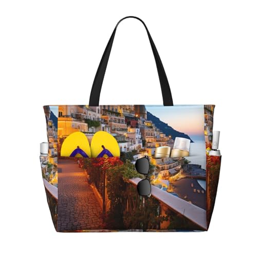MMSJSBVY Positano Strandtasche für Damen, Strandtasche mit Reißverschluss und Tasche, für Reisen, Shopping, Pool, Positano Seaside Sunset, Einheitsgröße von MMSJSBVY