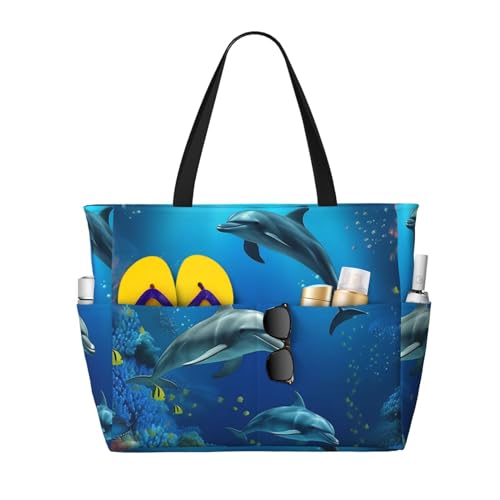 MMSJSBVY Positano Strandtasche für Damen, Strandtasche mit Reißverschluss und Tasche, für Reisen, Shopping, Pool, Underwater World Delphins Coral, Einheitsgröße von MMSJSBVY