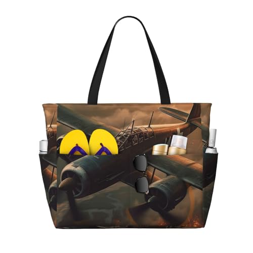 MMSJSBVY Positano Strandtasche für Damen, Strandtasche mit Reißverschluss und Tasche, für Reisen, Shopping, Pool, Weltkriegsflugzeug, Einheitsgröße von MMSJSBVY