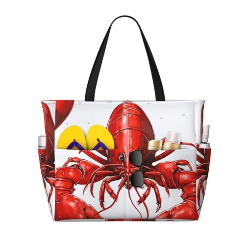 MMSJSBVY Red Beach Reef Strandtasche für Damen, Tragetasche mit Reißverschluss und Tasche, Reisen, Einkaufen, Pool, Roter Karabineraufdruck, Einheitsgröße von MMSJSBVY