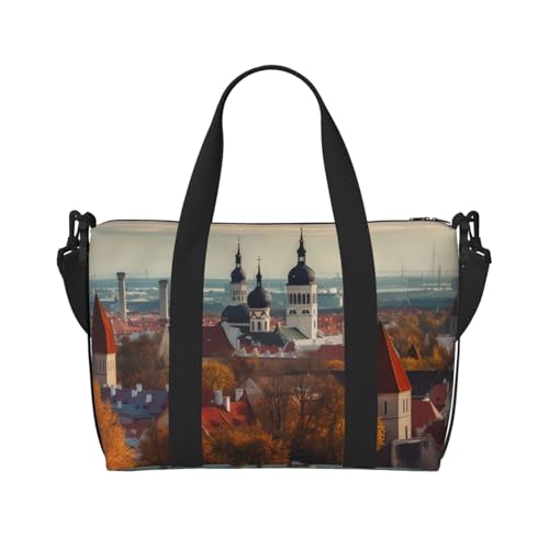 MMSJSBVY Reisetasche aus Holz, mit Blumenmuster, Unisex, wasserabweisend, Wochenend-Turnbeutel, große Kapazität, verstellbarer Schultergurt, Reisetasche, Tallinn Estland Stadtbild, Einheitsgröße von MMSJSBVY