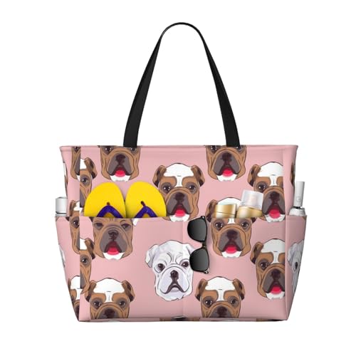 MMSJSBVY Rote Rose auf Klavier, Strandtasche für Damen, Tragetasche mit Reißverschluss und Tasche, Reisen, Einkaufen, Pool, Englische Bulldogge Gesichter, Einheitsgröße von MMSJSBVY