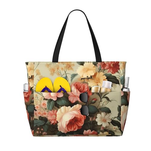 MMSJSBVY Schöne Strandtasche mit gelben Rosen für Damen, Tragetasche mit Reißverschluss und Tasche, Reisen, Einkaufen, Pool, Blumen dekorativ1, Einheitsgröße von MMSJSBVY