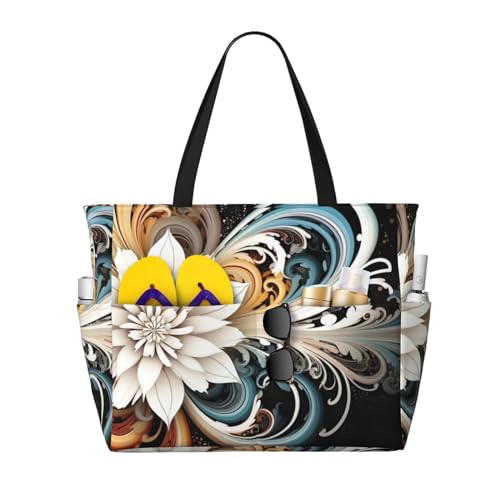 MMSJSBVY Schöne Strandtasche mit gelben Rosen für Damen, Tragetasche mit Reißverschluss und Tasche, Reisen, Einkaufen, Pool, Blumenwirbel, Einheitsgröße von MMSJSBVY