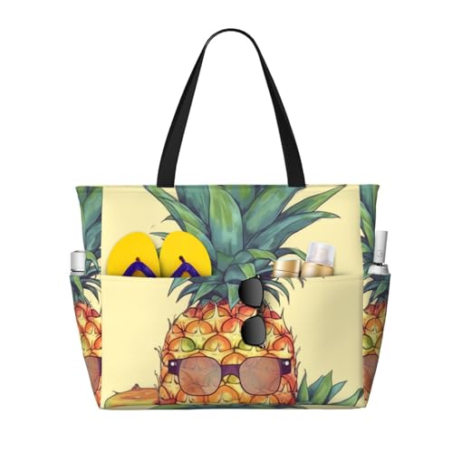 MMSJSBVY Schöne Strandtasche mit gelben Rosen für Damen, Tragetasche mit Reißverschluss und Tasche, Reisen, Einkaufen, Pool, Lustige Ananas, Einheitsgröße von MMSJSBVY